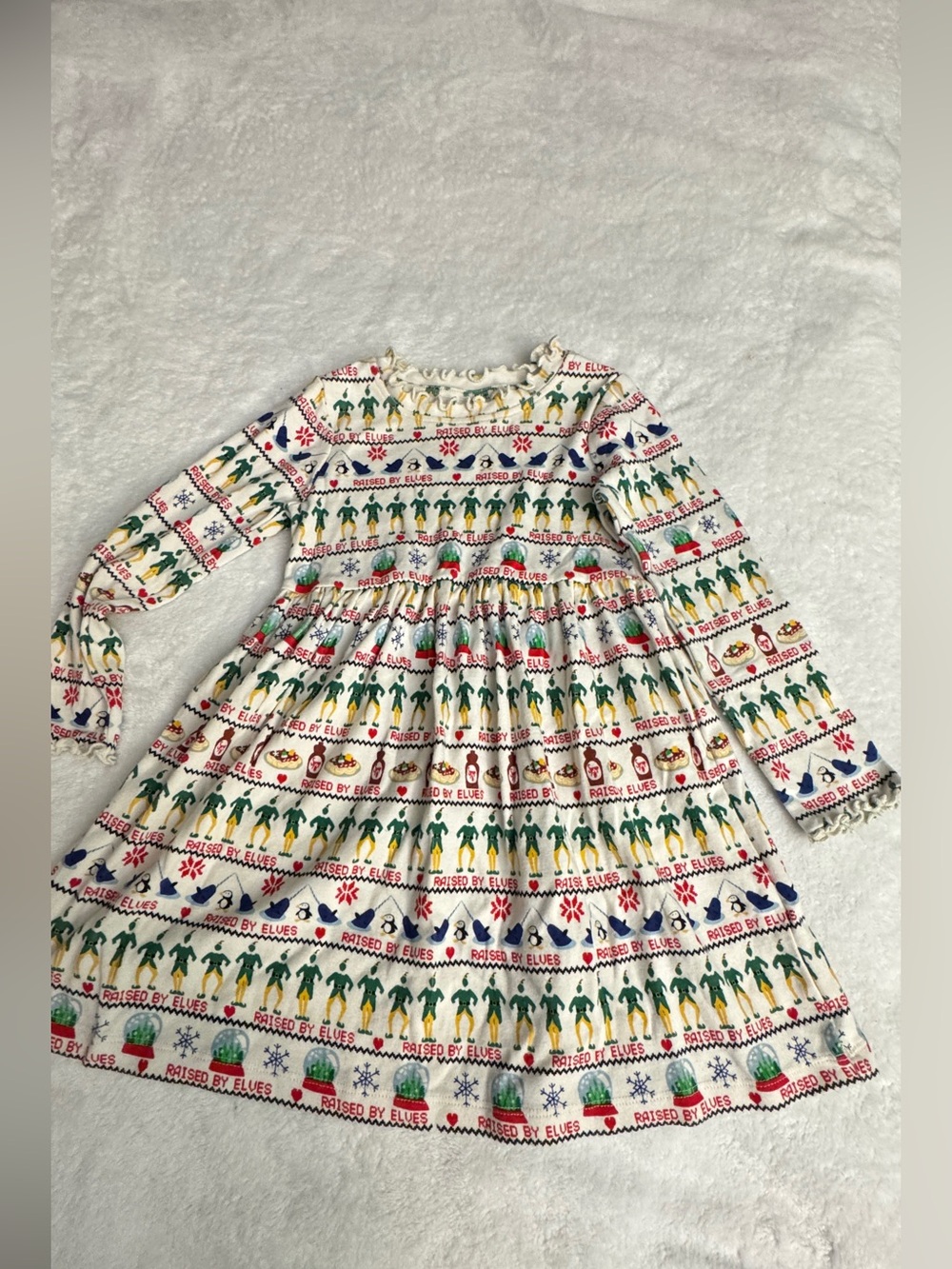 Hanna Andersson Cream Holiday Elf Pattern Long-Sleeve Dress